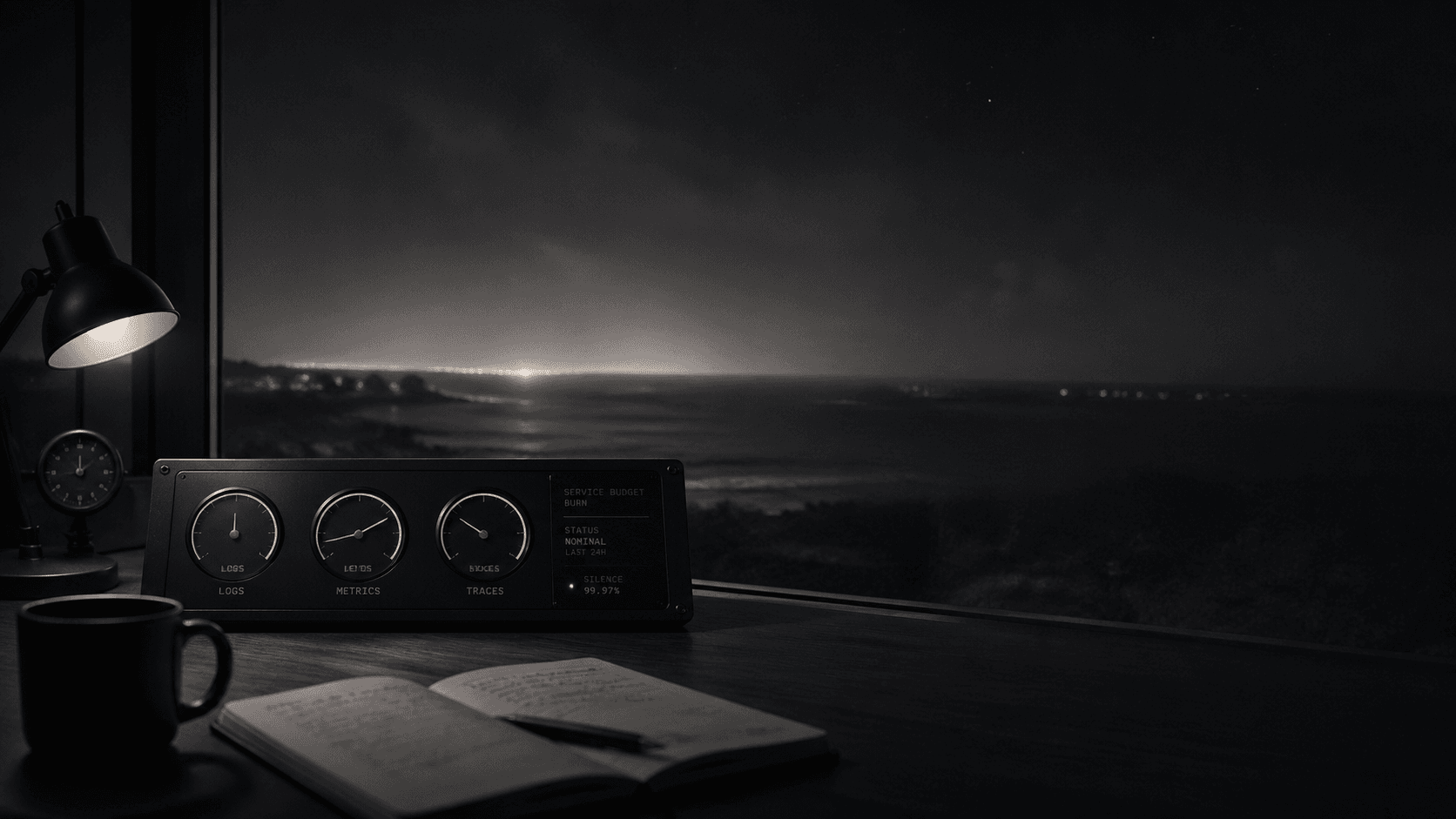 A night-shift desk overlooking the coast: lamp, ledger, mug, and a Meridian console reading 99.97% silence over 24 hours